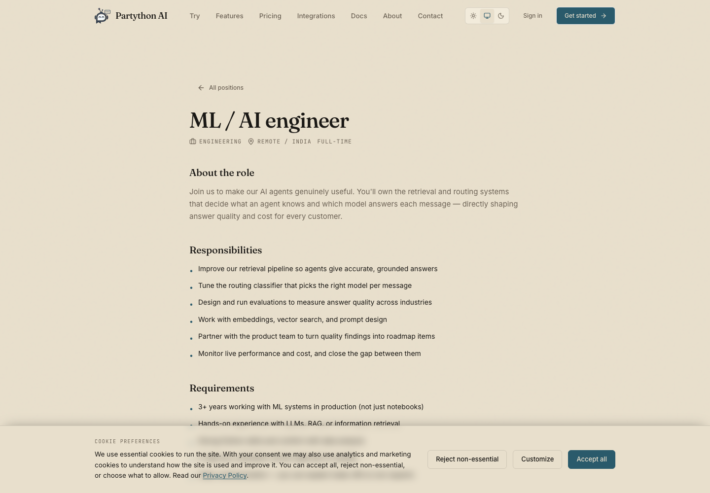 Partython AI ML / AI Engineer job opening captured on 13 September 2026