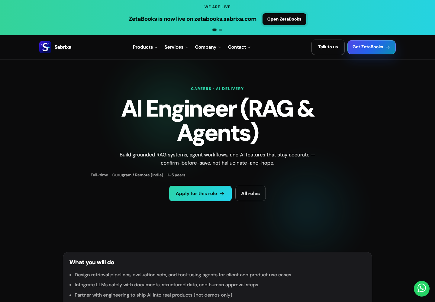 Sabrixa AI Engineer — RAG & Agents job opening captured on 13 September 2026
