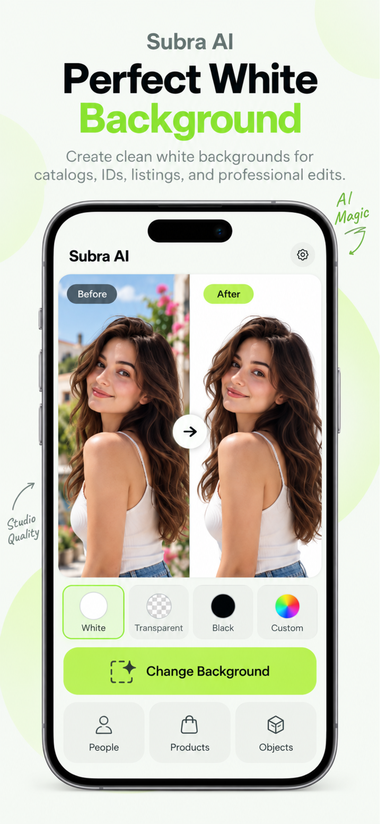 Subra AI creating a clean white background for a professional photo