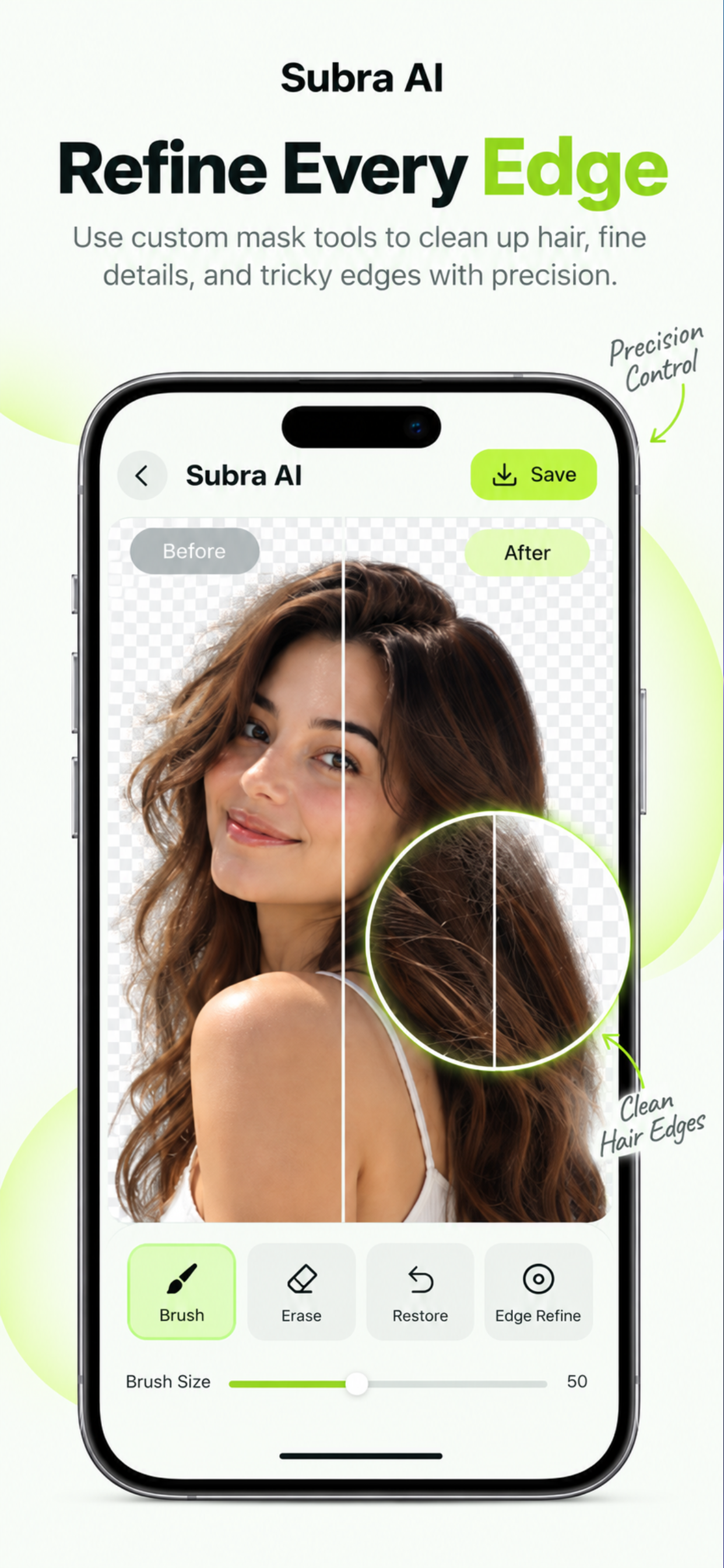 Subra AI mask tools refining hair and difficult image edges