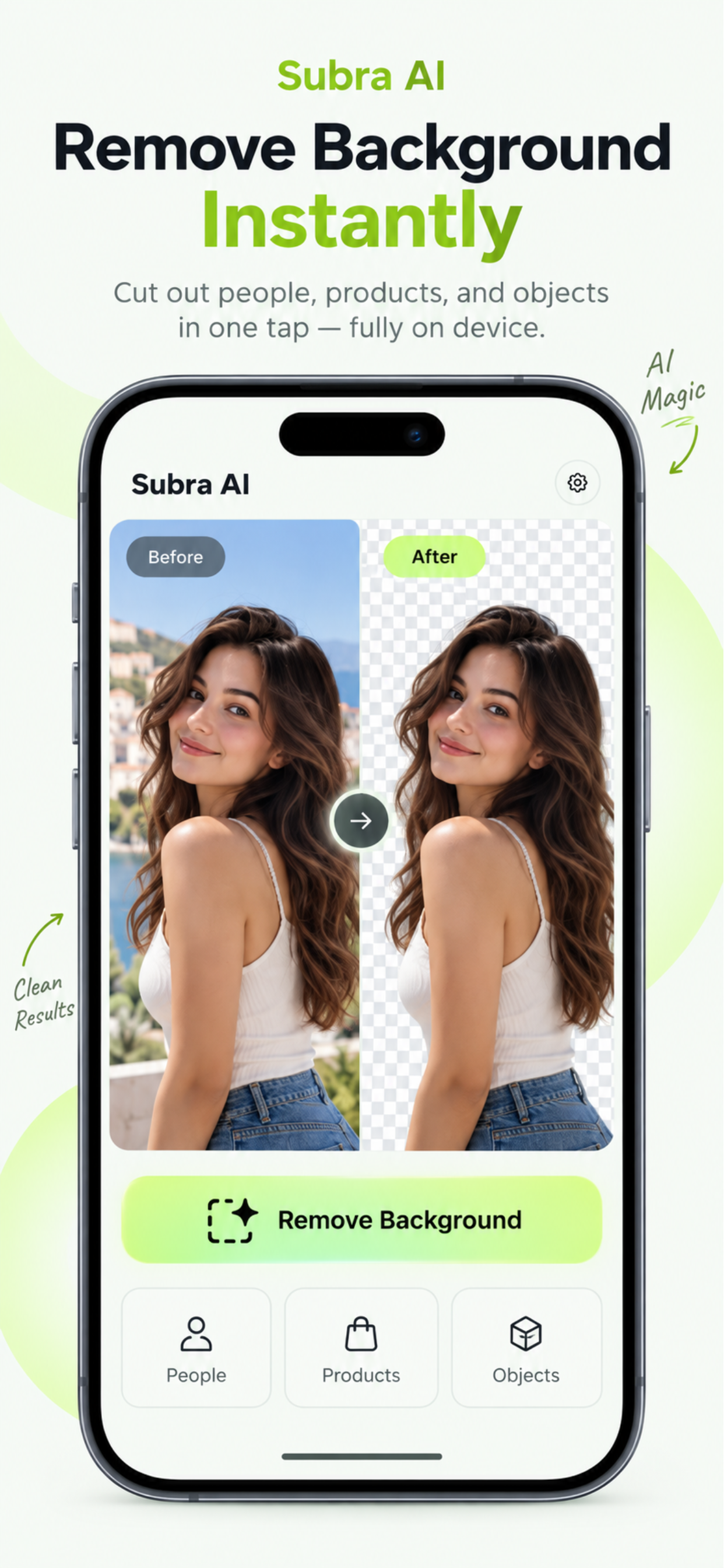 Subra AI Background Remover showing a before-and-after transparent cutout