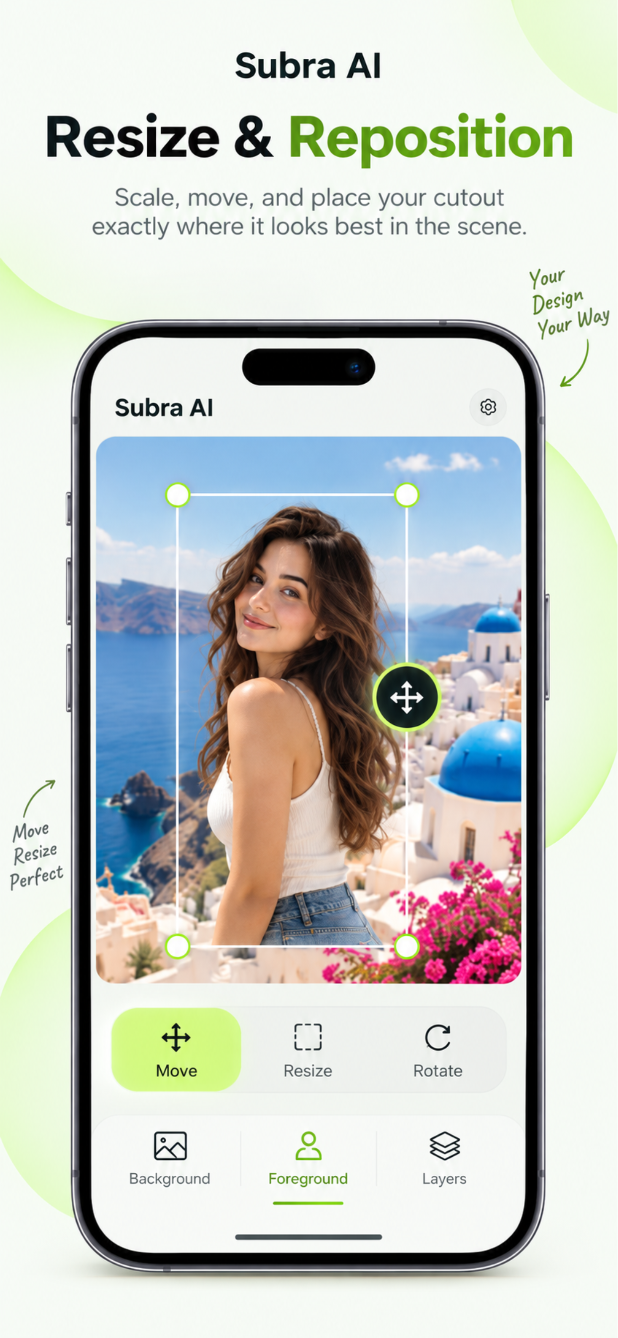 Subra AI resizing and repositioning a cutout over a custom background