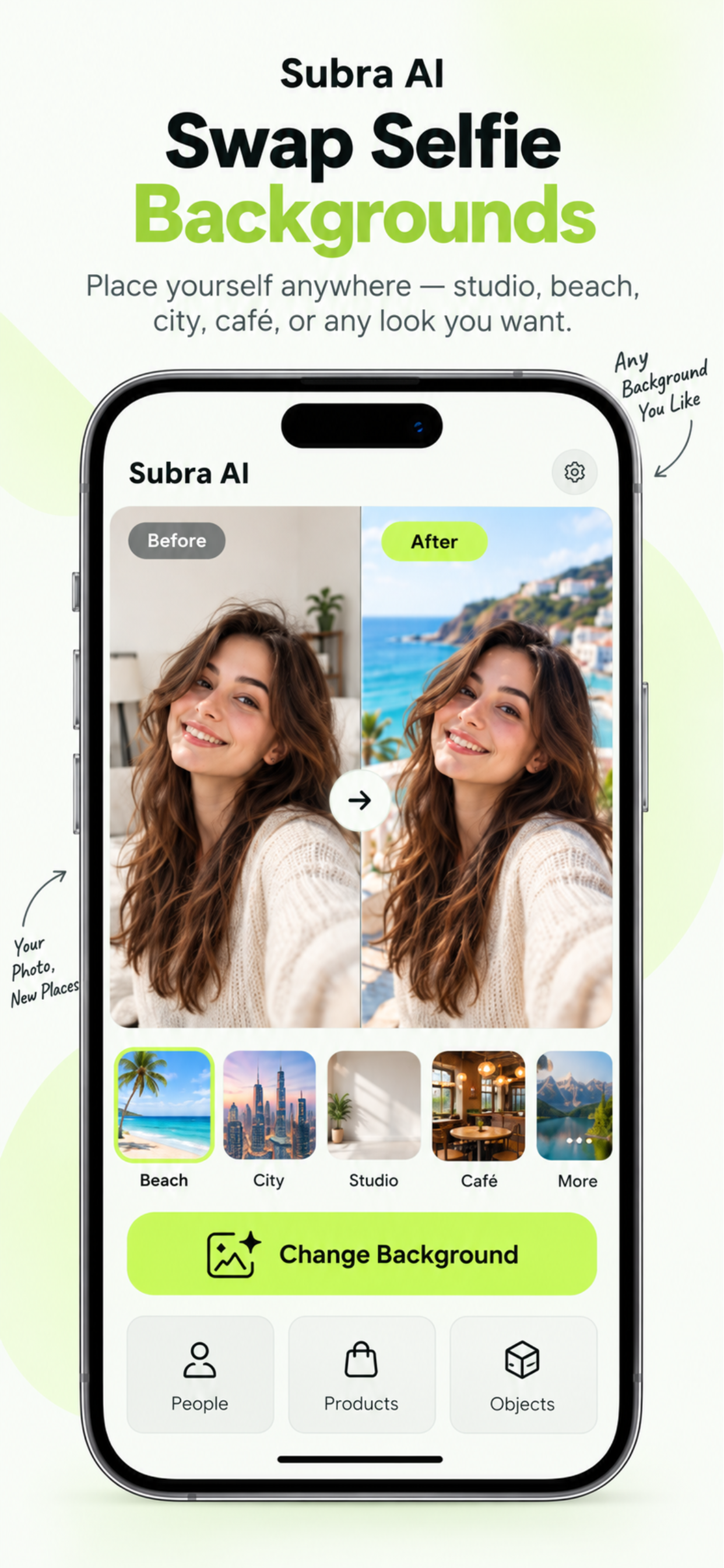 Subra AI swapping a selfie background with a beach scene