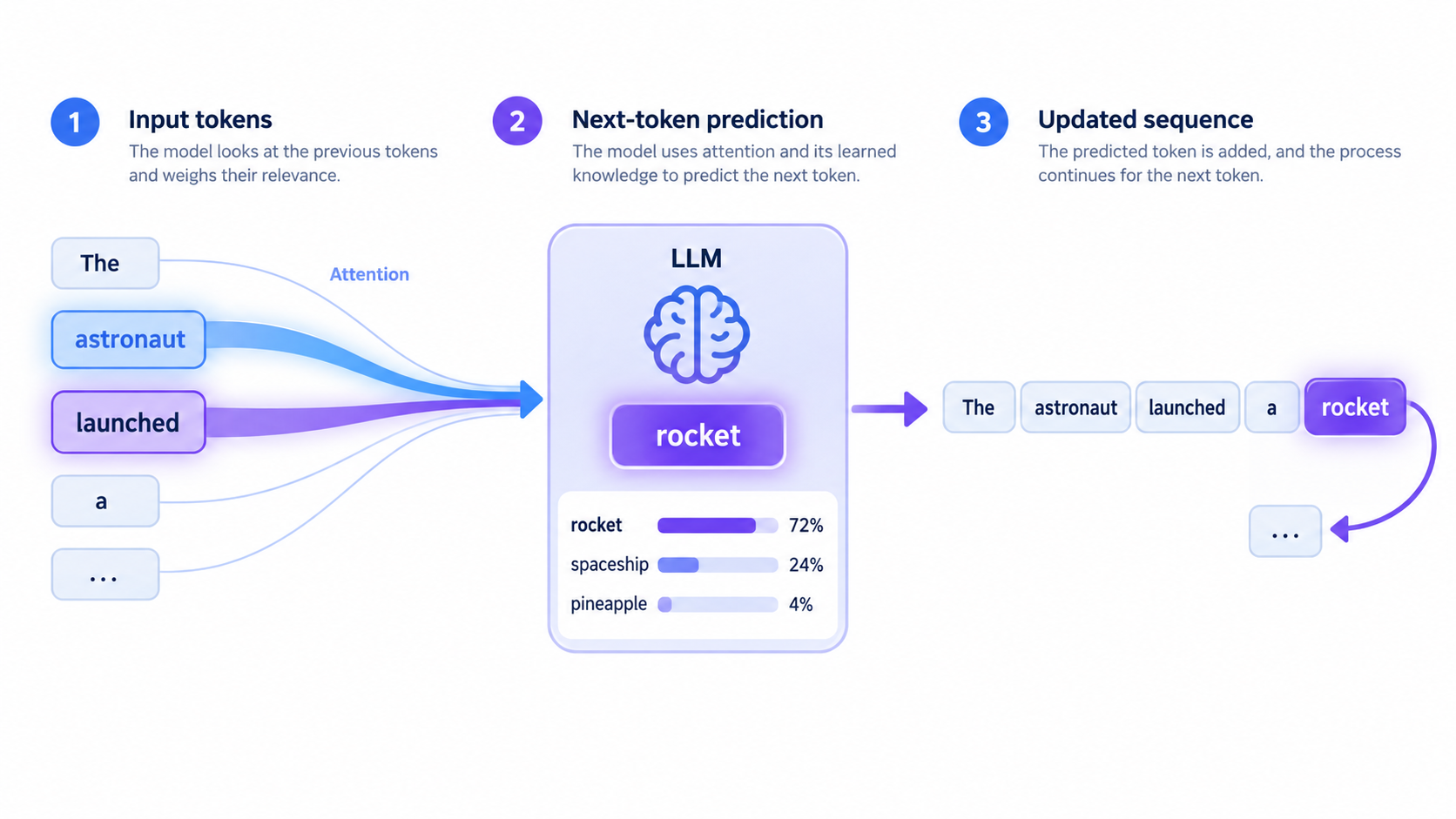 Attention weights help an LLM predict the next token and update the sequence