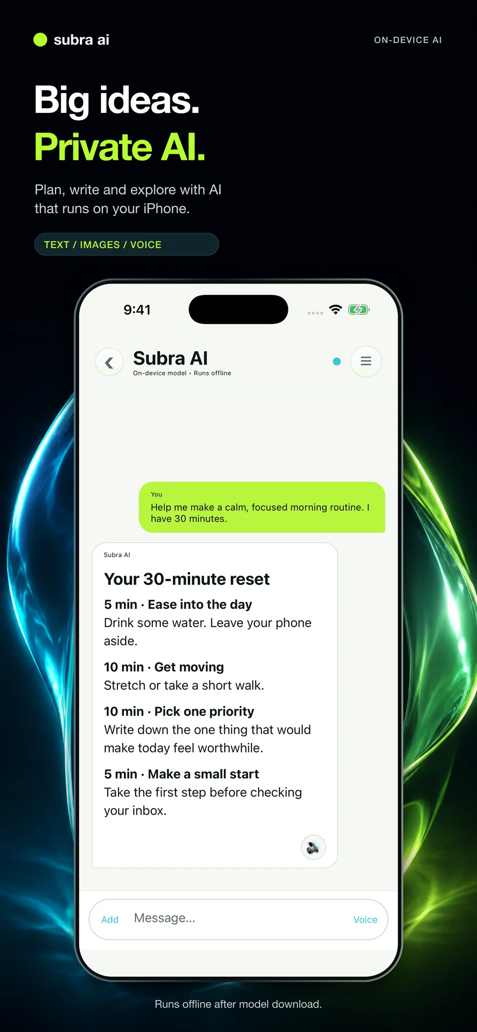 Subra AI planning a morning routine in an on-device conversation