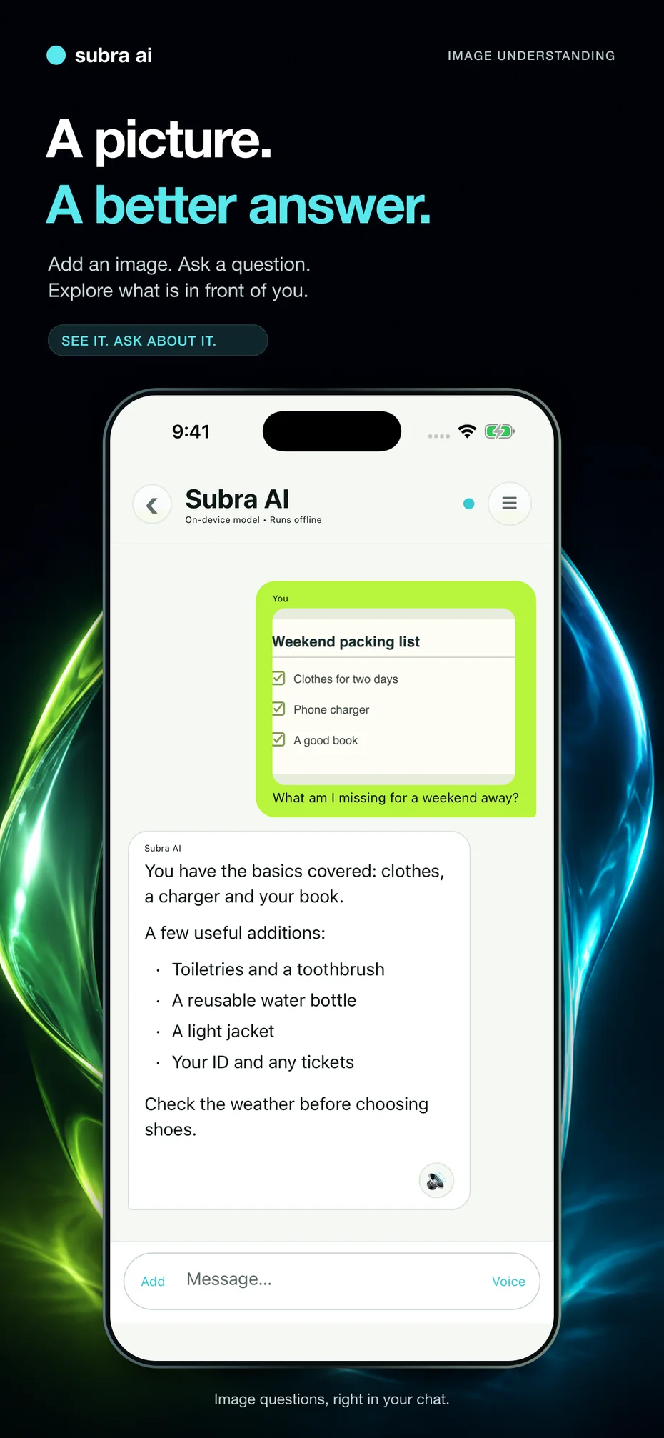 Subra AI answering a question about a weekend packing checklist