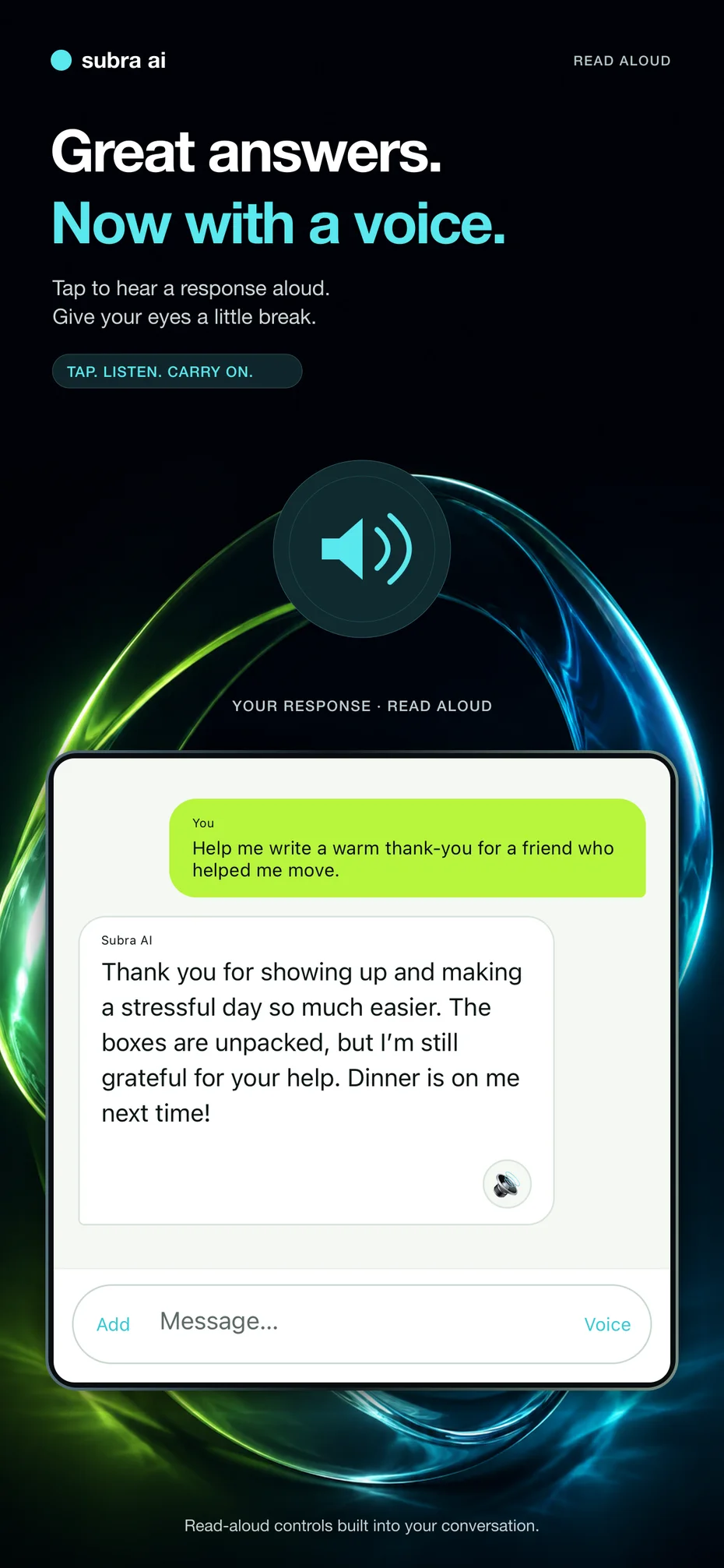 Subra AI response with a read-aloud control