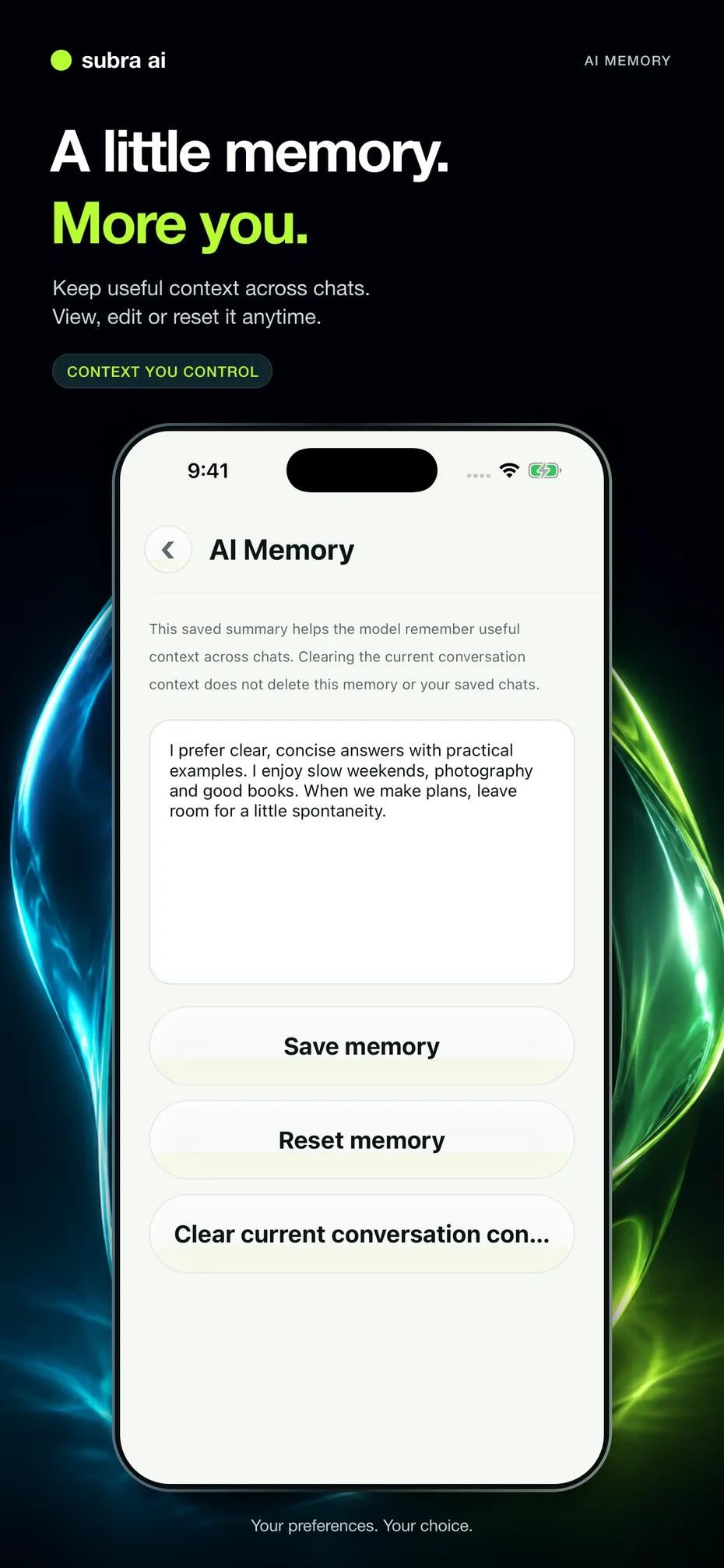 Editable AI Memory preferences with save and reset controls