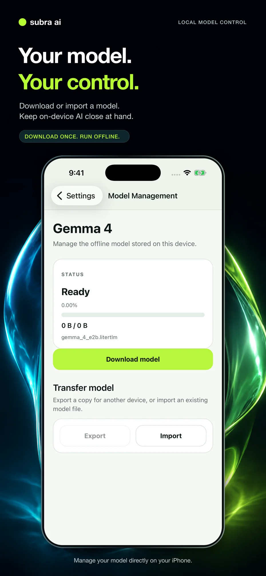 Subra AI local model download and import controls