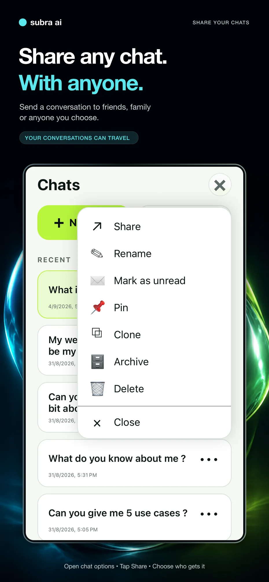 The Share action in the Subra AI chat options menu