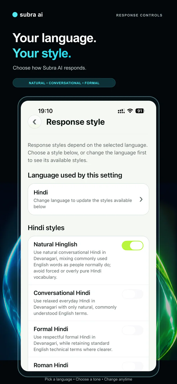 Subra AI response style settings with Natural Hinglish selected