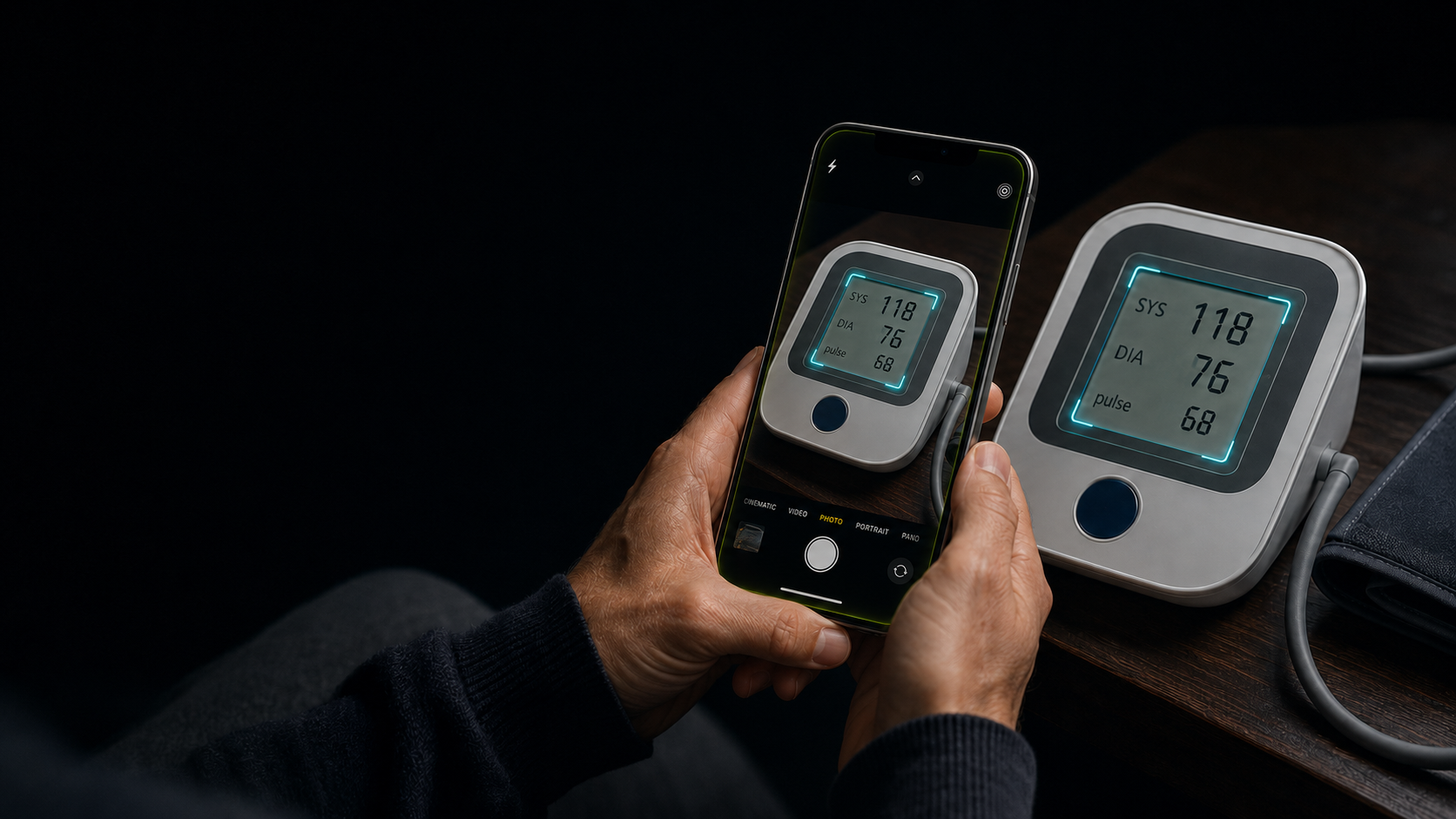 Concept illustration of a proposed smartphone workflow capturing a blood pressure monitor display