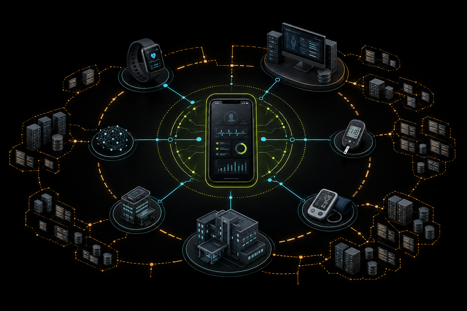 A healthcare app connected to wearables, medical devices, hospitals, AI services, and many external data systems, illustrating an expanding privacy boundary