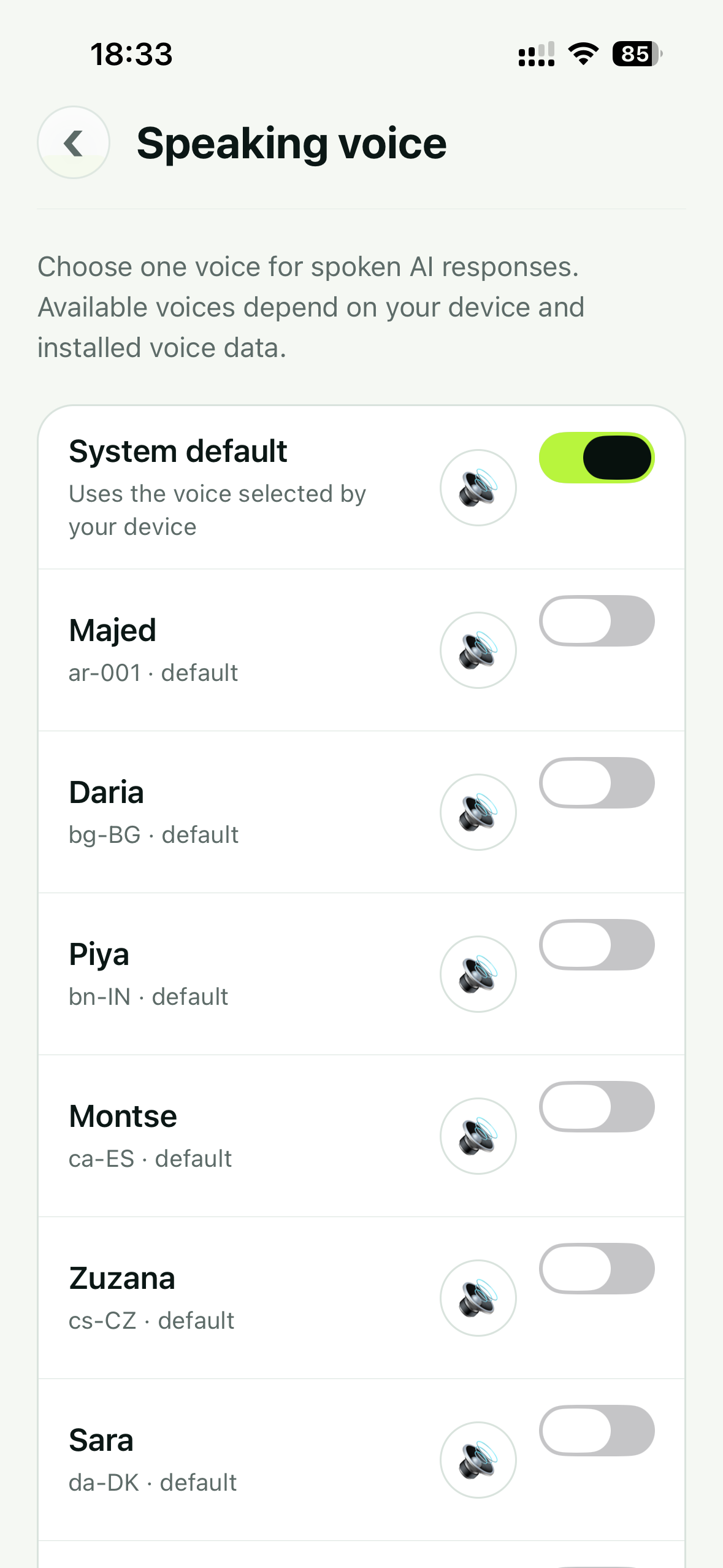 Original Subra AI Speaking voice screen showing installed device voice options, screenshot 1