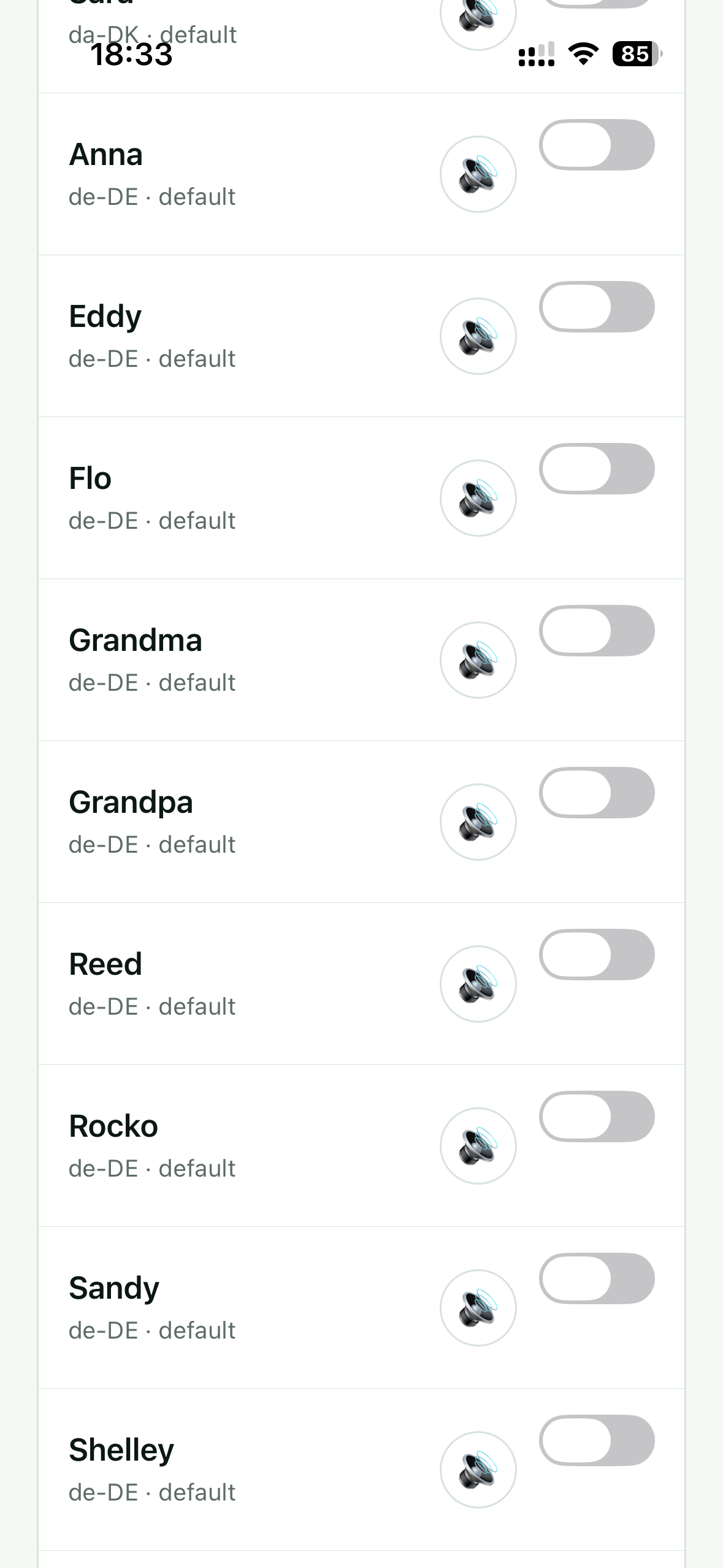 Original Subra AI Speaking voice screen showing installed device voice options, screenshot 2
