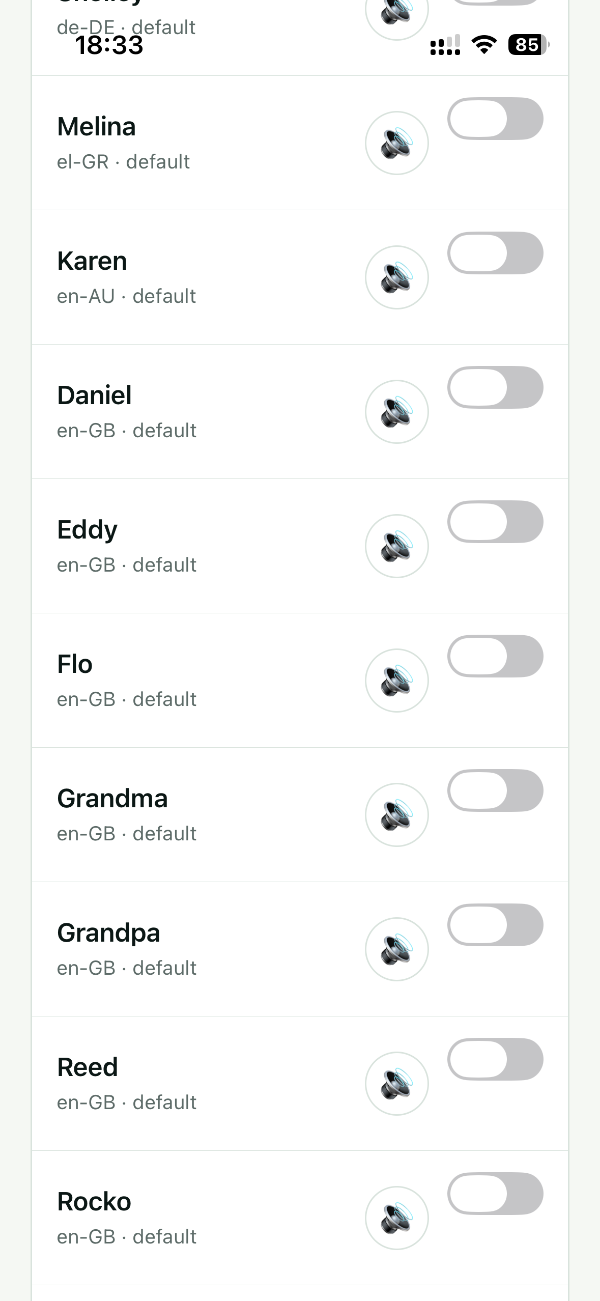 Original Subra AI Speaking voice screen showing installed device voice options, screenshot 3