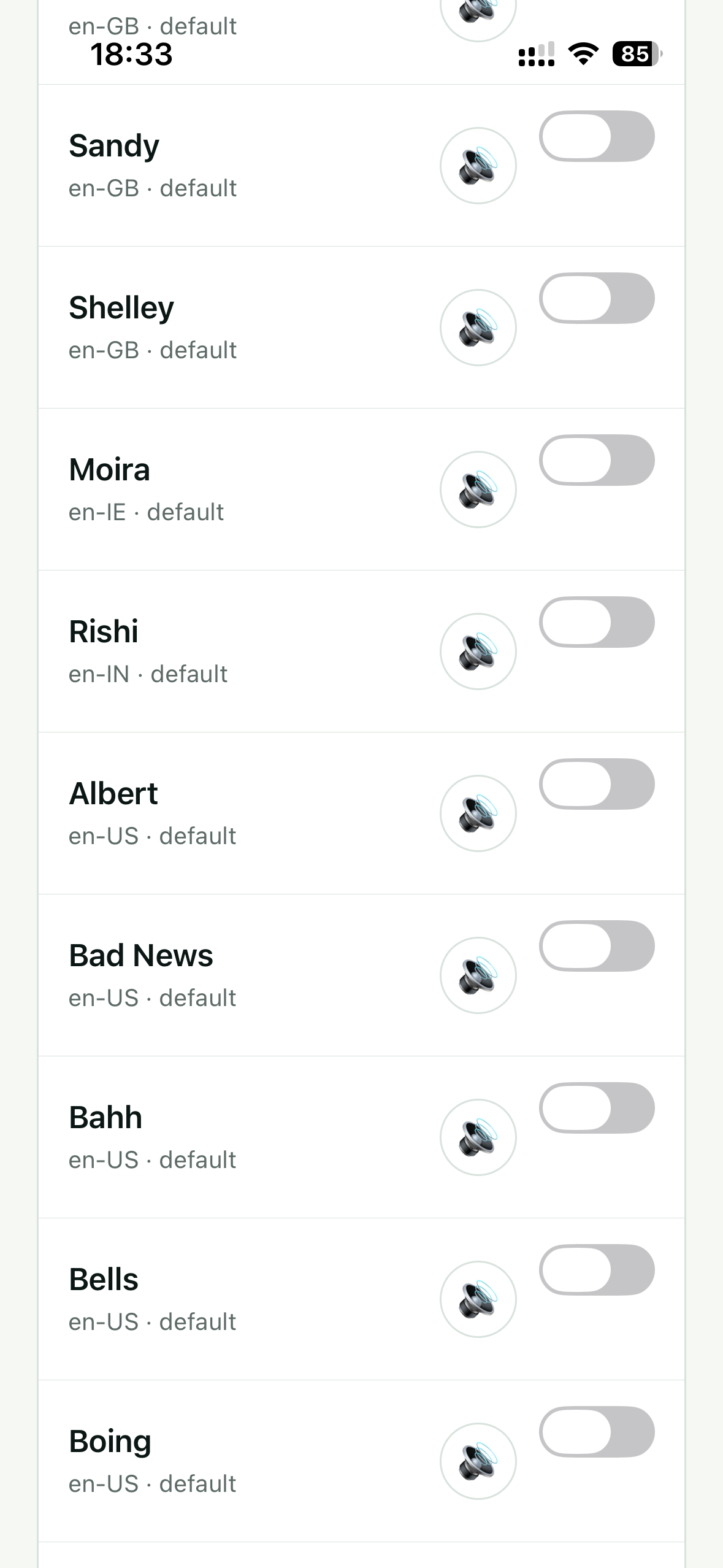 Original Subra AI Speaking voice screen showing installed device voice options, screenshot 4