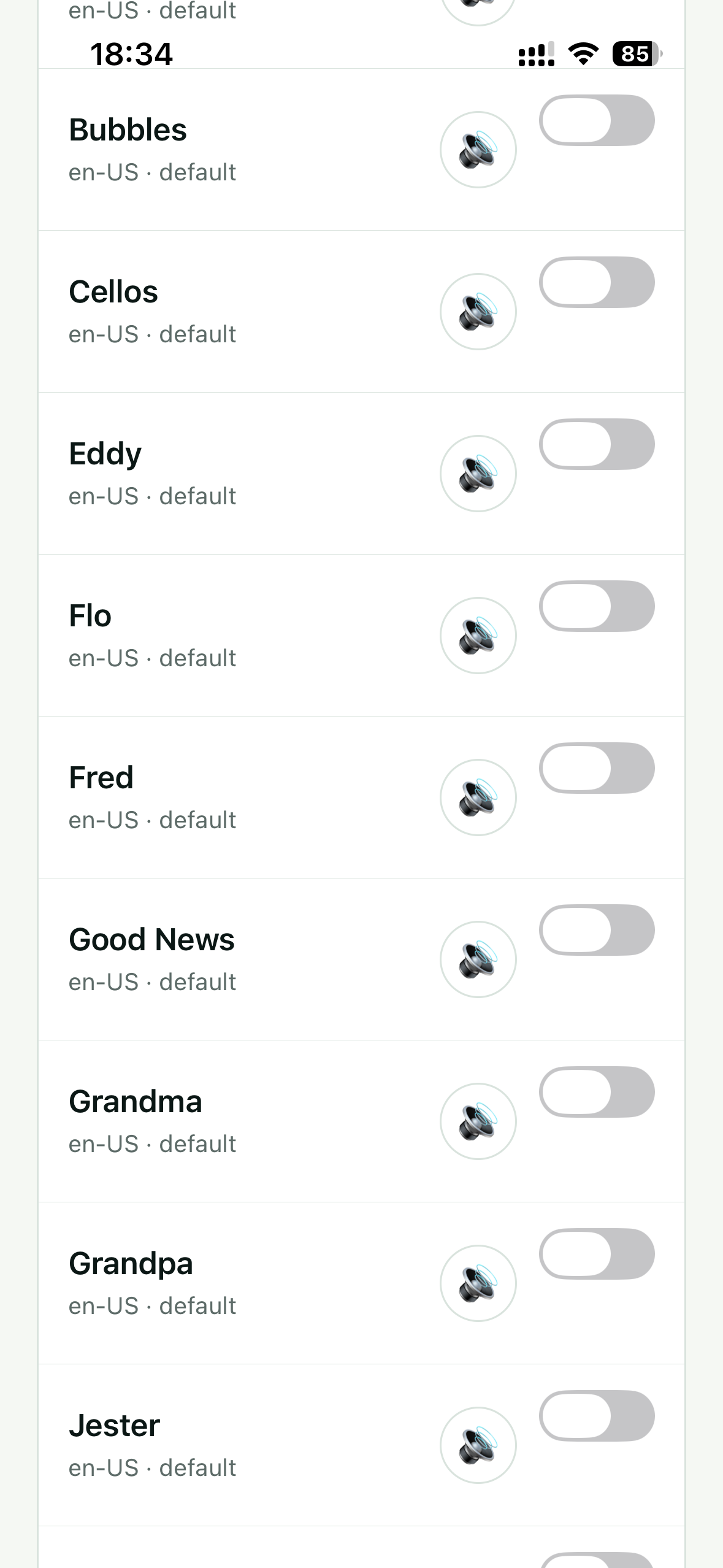 Original Subra AI Speaking voice screen showing installed device voice options, screenshot 5