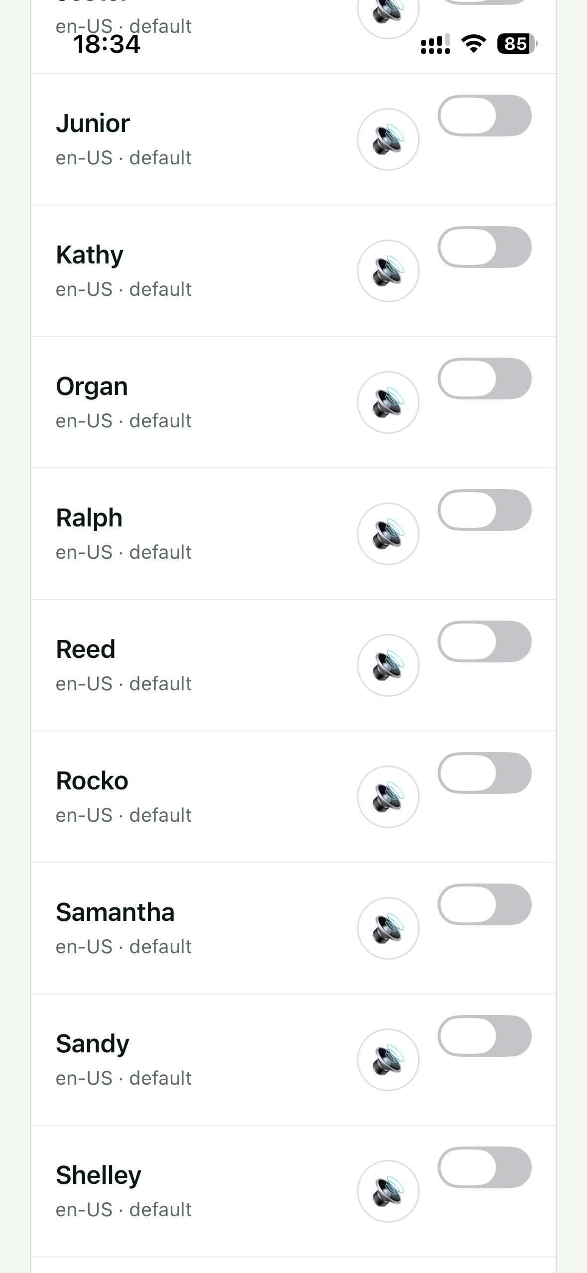 Original Subra AI Speaking voice screen showing installed device voice options, screenshot 6