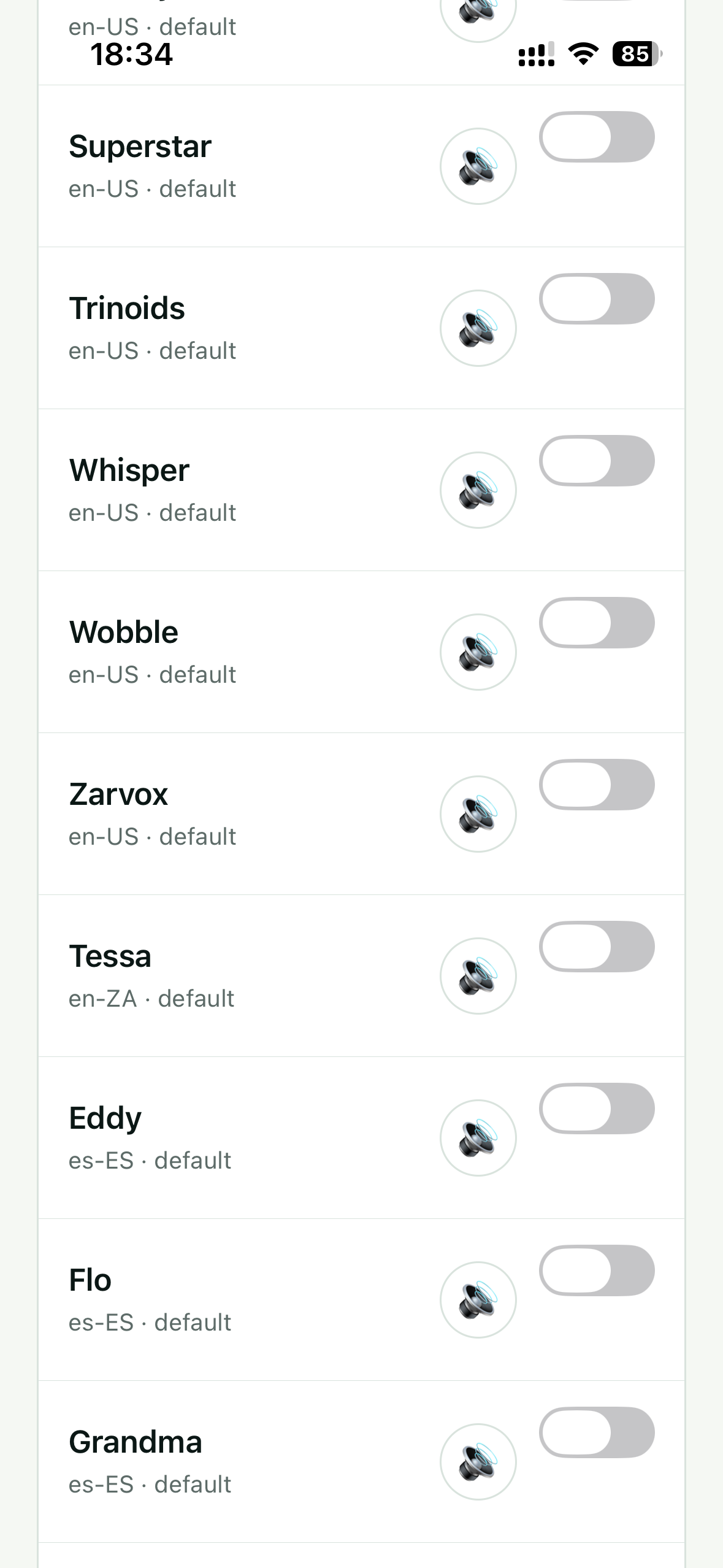 Original Subra AI Speaking voice screen showing installed device voice options, screenshot 7