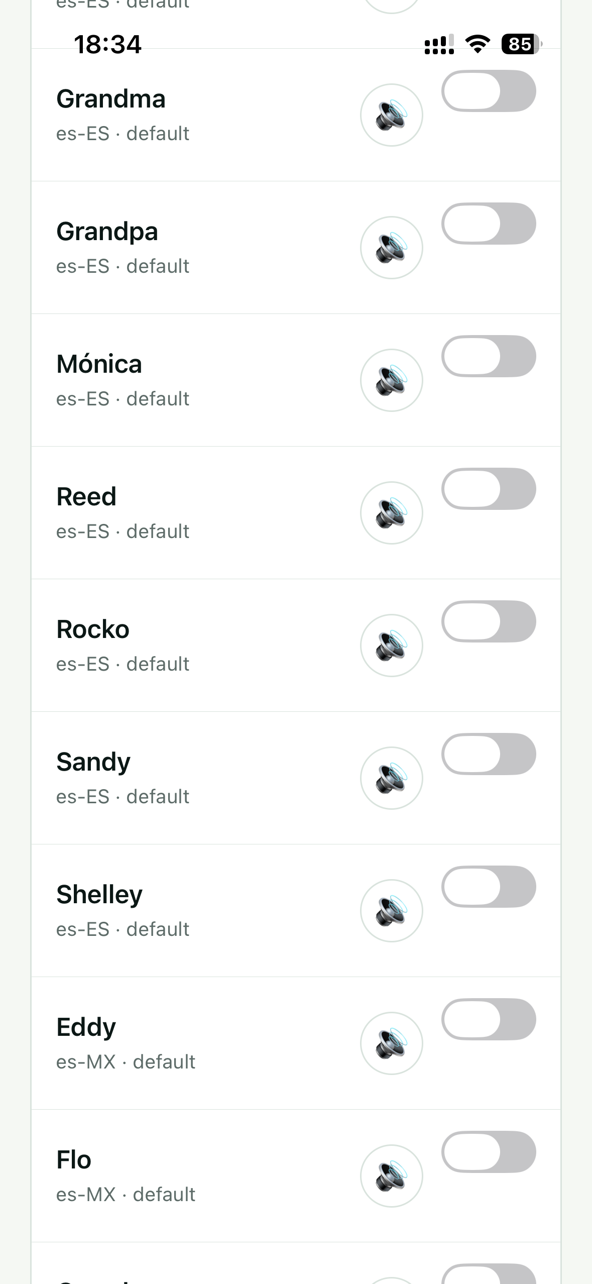 Original Subra AI Speaking voice screen showing installed device voice options, screenshot 8