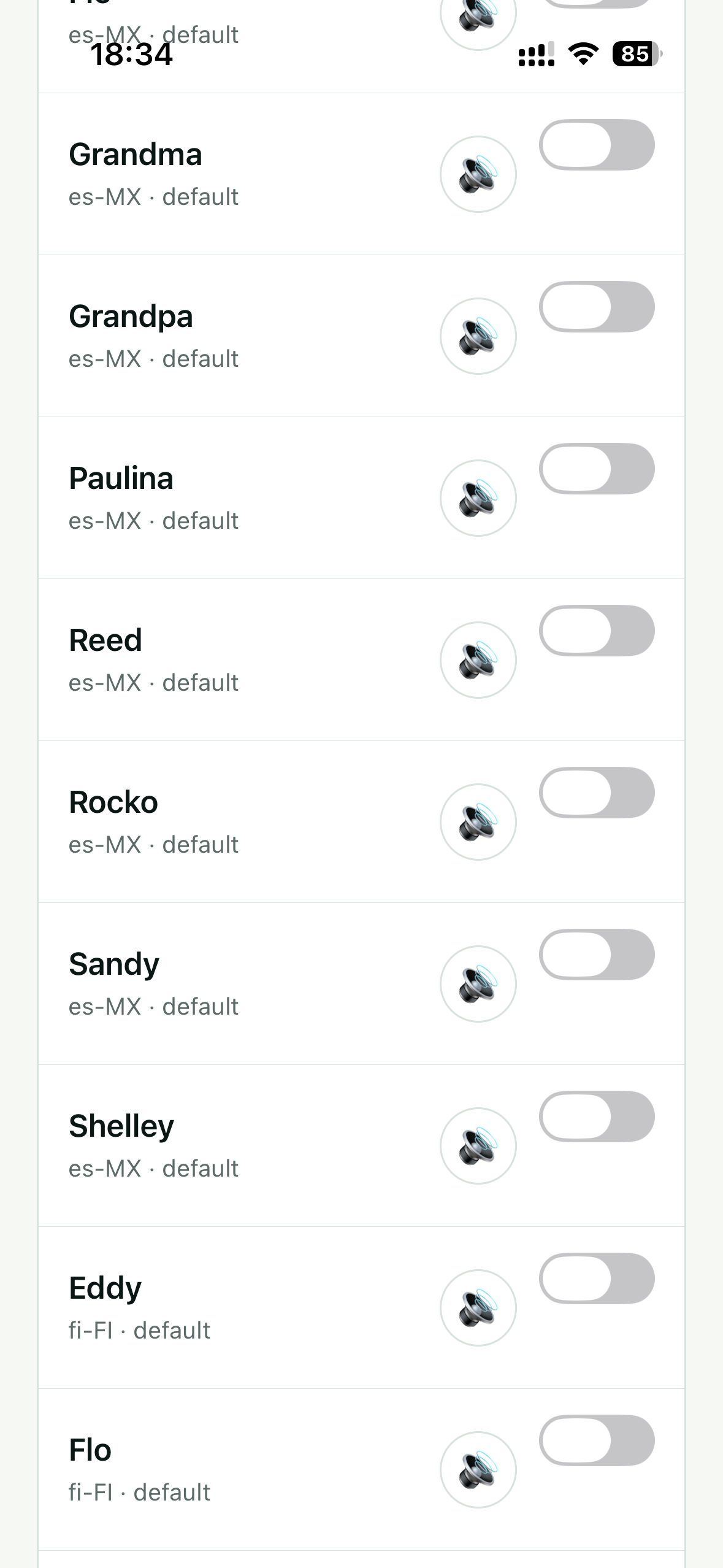 Original Subra AI Speaking voice screen showing installed device voice options, screenshot 9