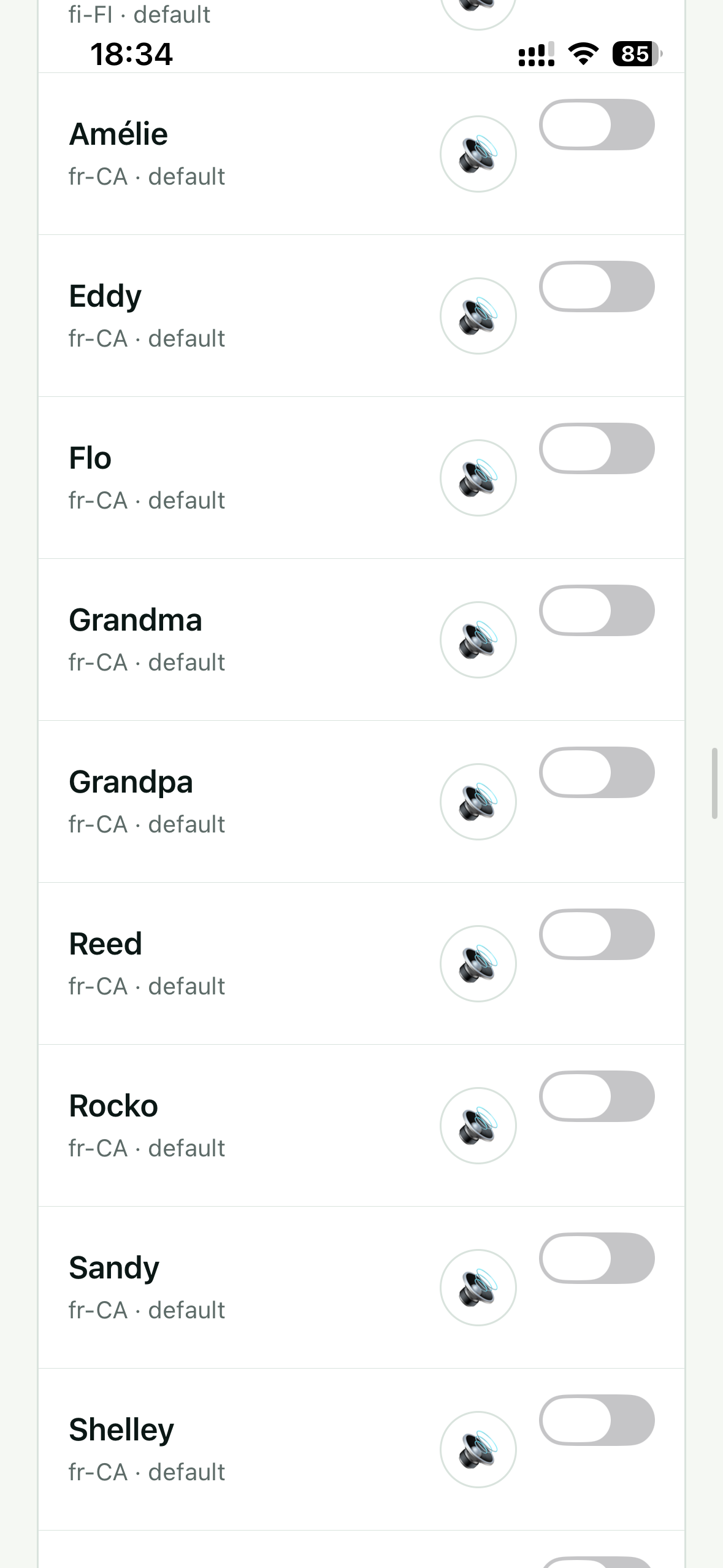 Original Subra AI Speaking voice screen showing installed device voice options, screenshot 11
