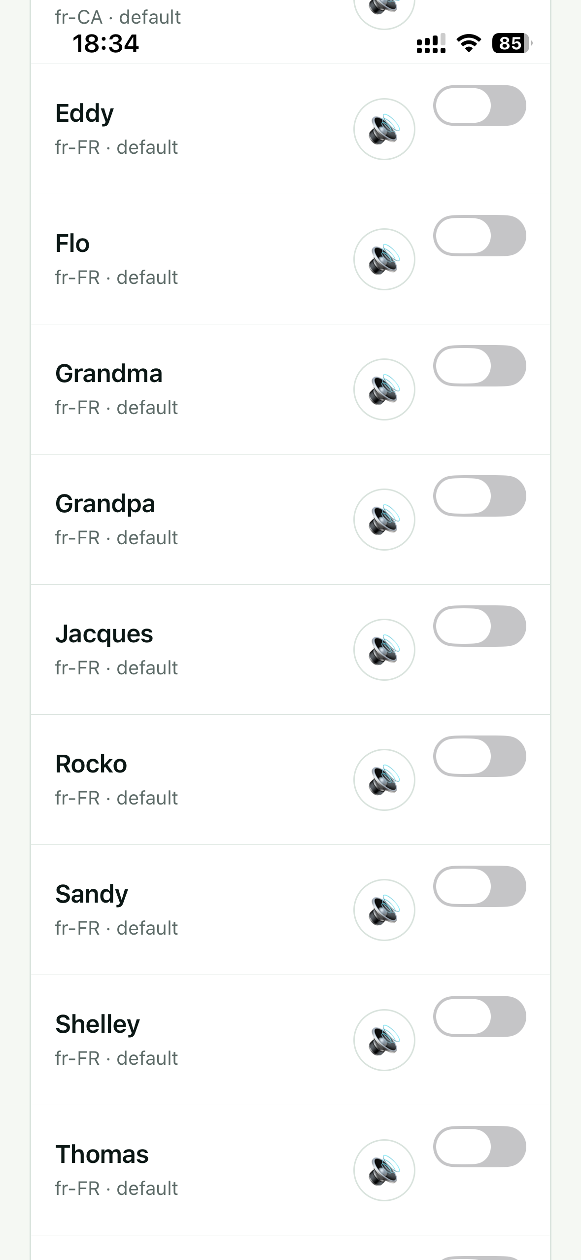 Original Subra AI Speaking voice screen showing installed device voice options, screenshot 12
