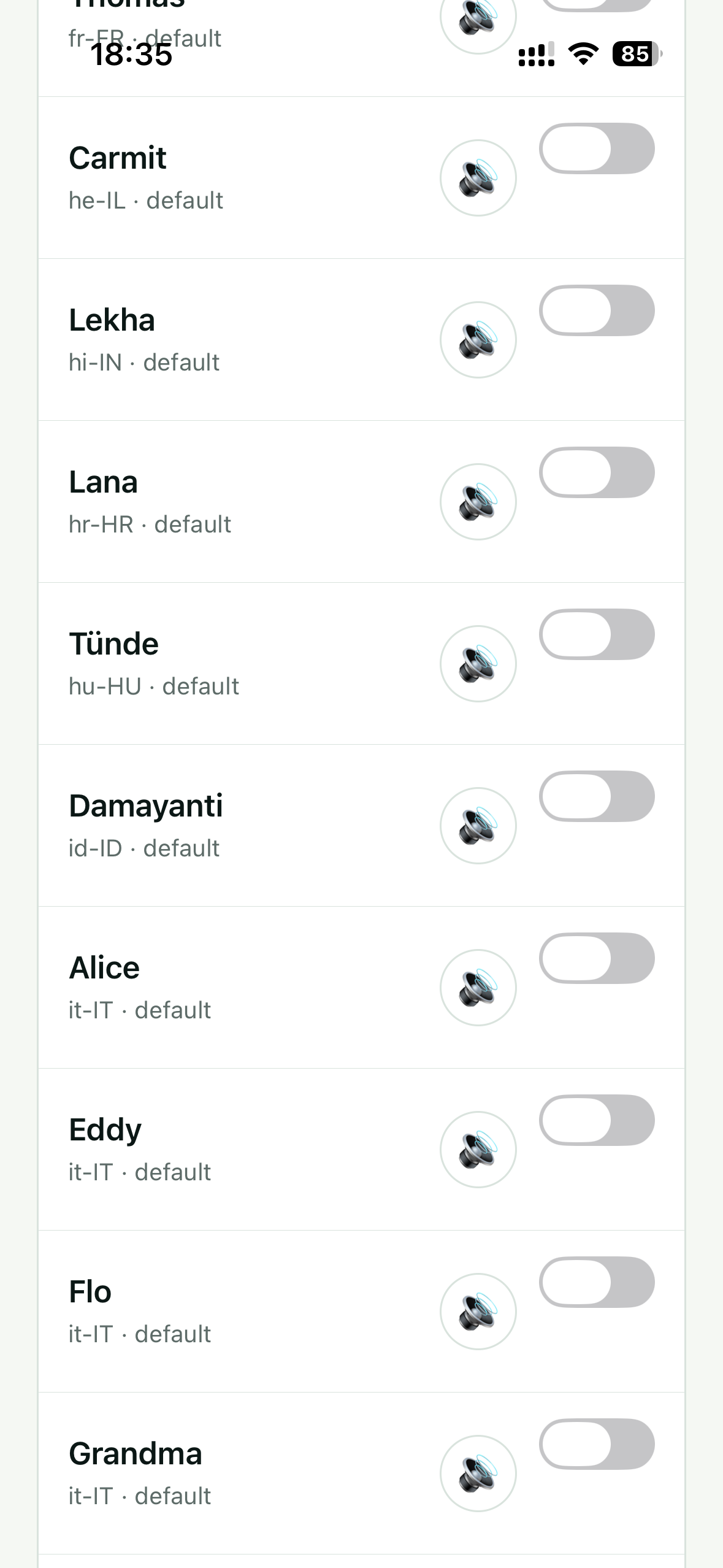 Original Subra AI Speaking voice screen showing installed device voice options, screenshot 13