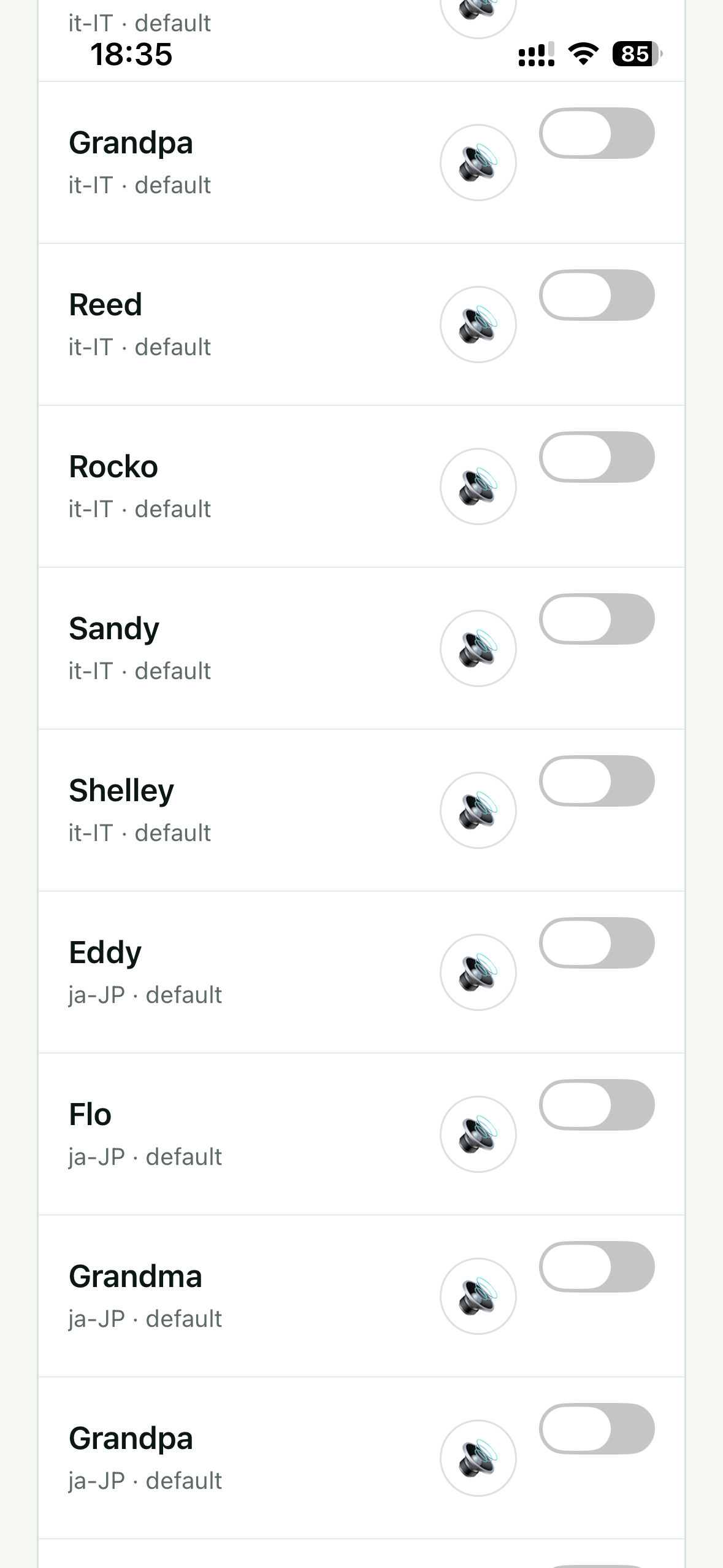 Original Subra AI Speaking voice screen showing installed device voice options, screenshot 14