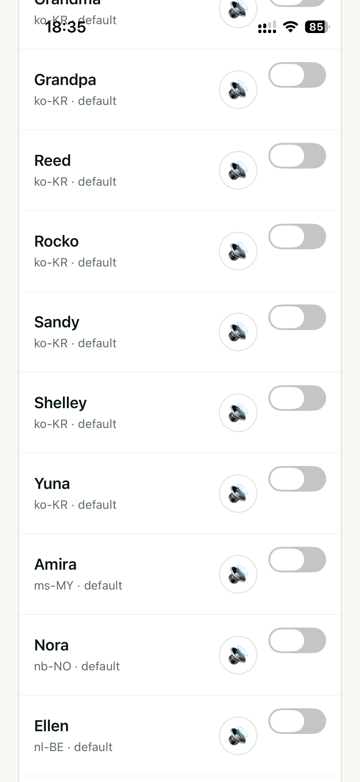 Original Subra AI Speaking voice screen showing installed device voice options, screenshot 16