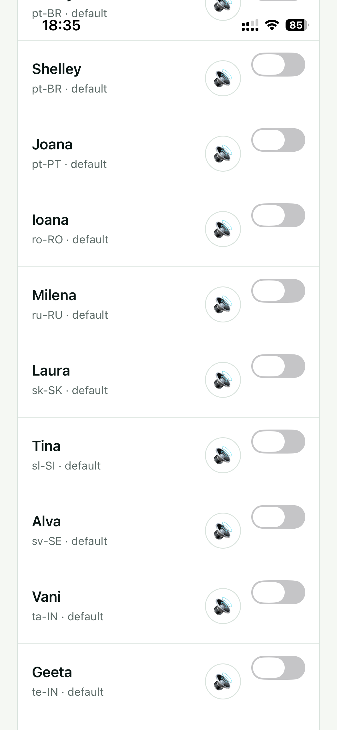 Original Subra AI Speaking voice screen showing installed device voice options, screenshot 18