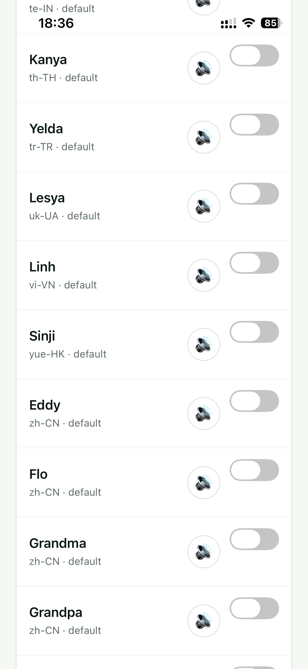 Original Subra AI Speaking voice screen showing installed device voice options, screenshot 19