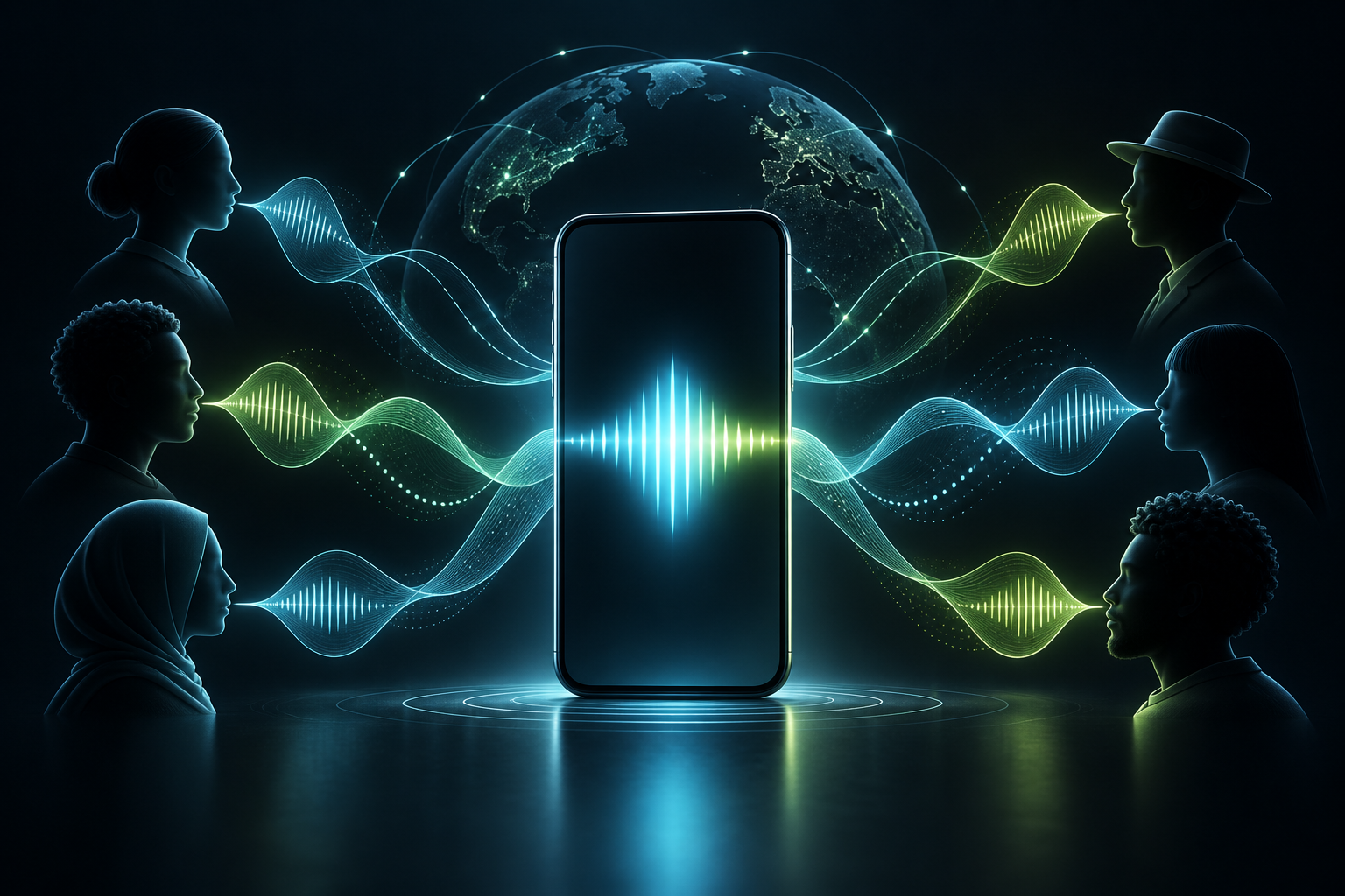 Illustration of a phone connecting multilingual speaking voices around the world