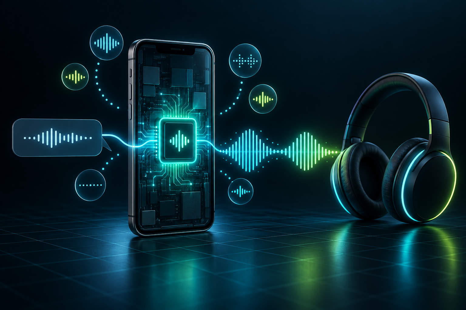 Illustration of speech being processed on a phone and played through headphones