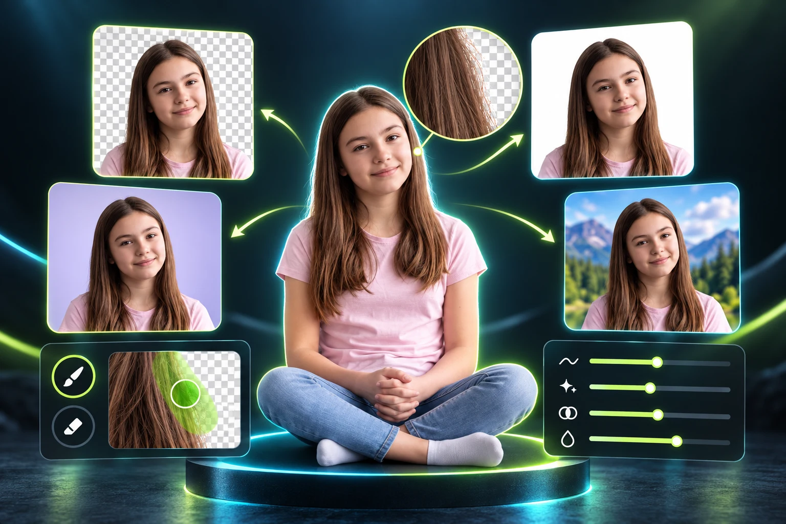 Illustration of a portrait with transparent, white, colored, and scenic replacement backgrounds plus mask and edge refinement controls