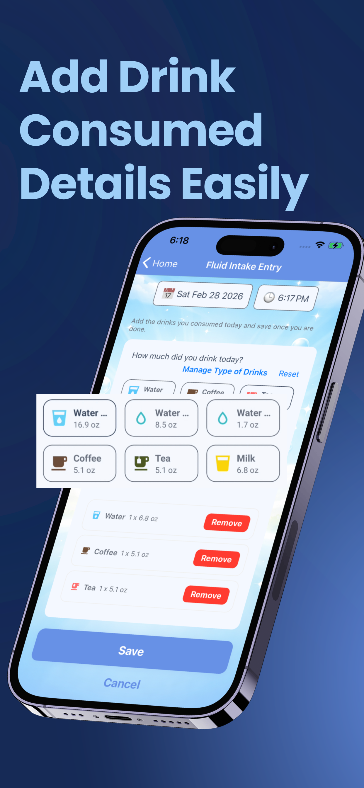 Fluid intake entry screen for adding consumed drinks