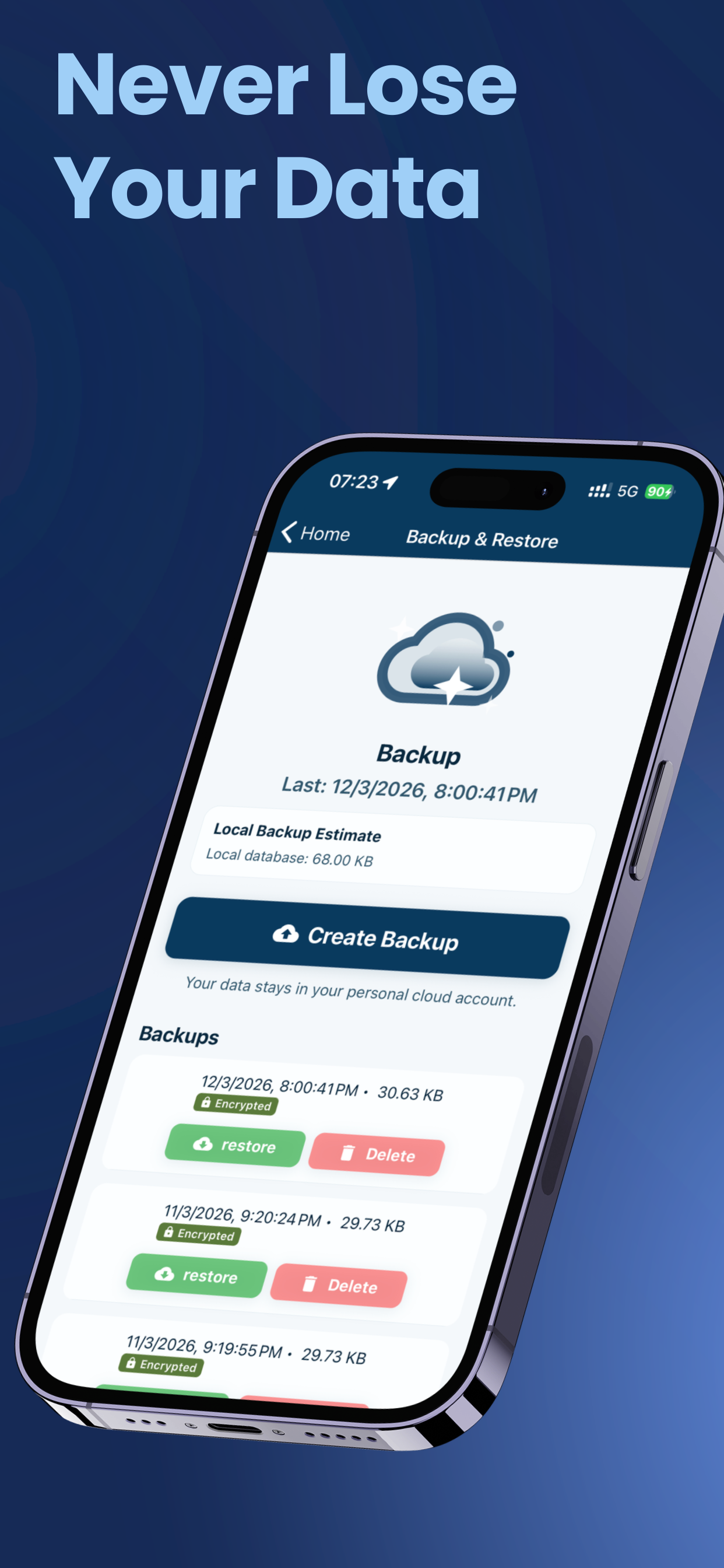 Backup and restore screen in Water Tracker
