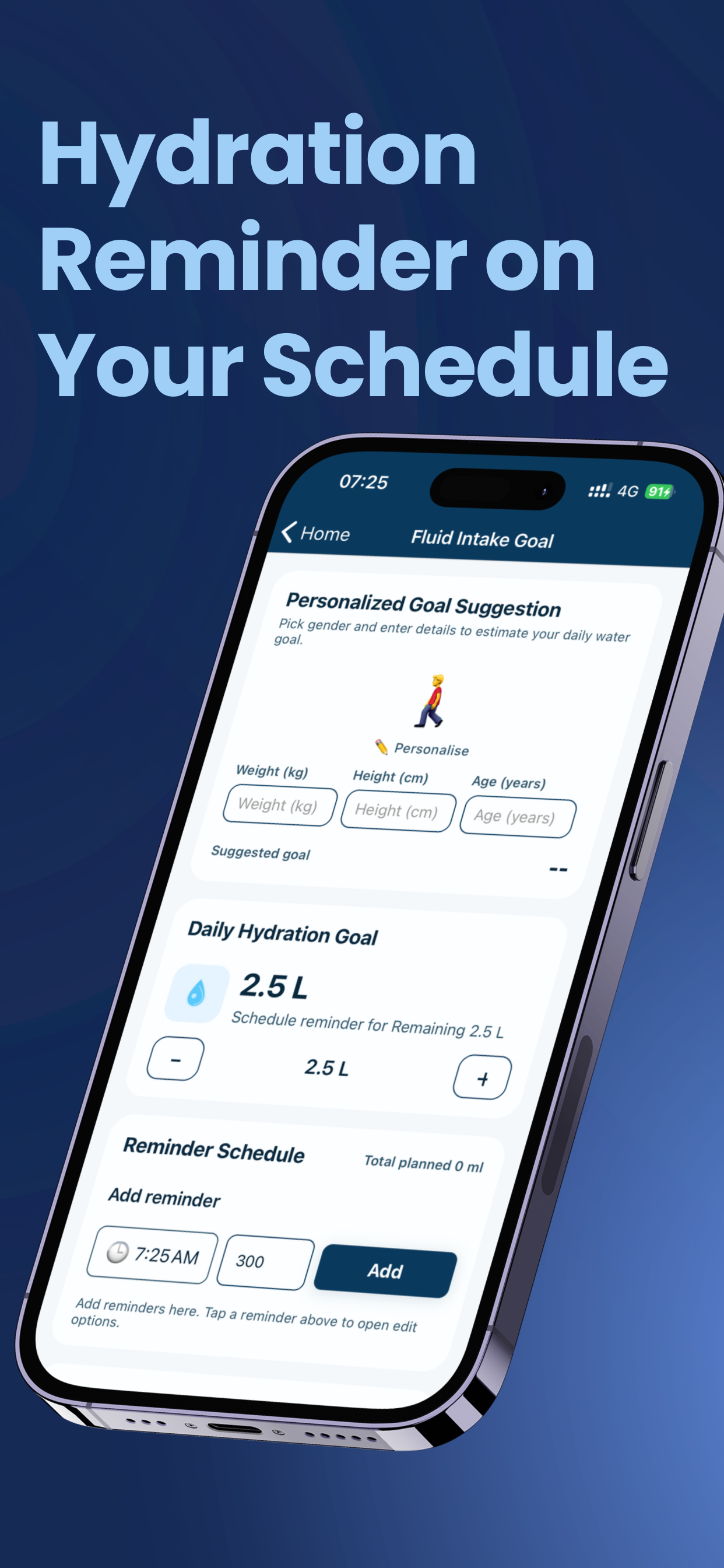 Hydration reminder schedule screen in Water Tracker