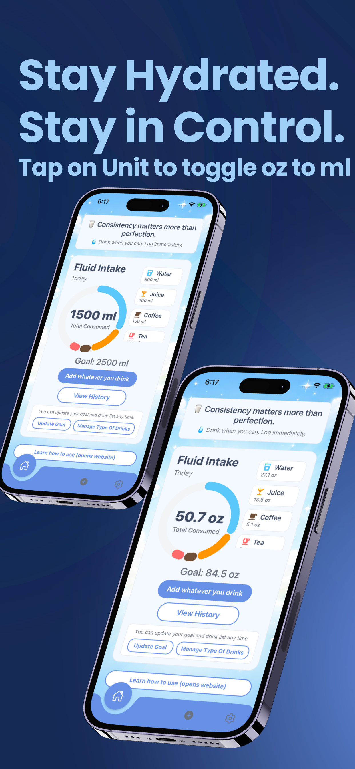 Water Tracker home dashboard with hydration progress
