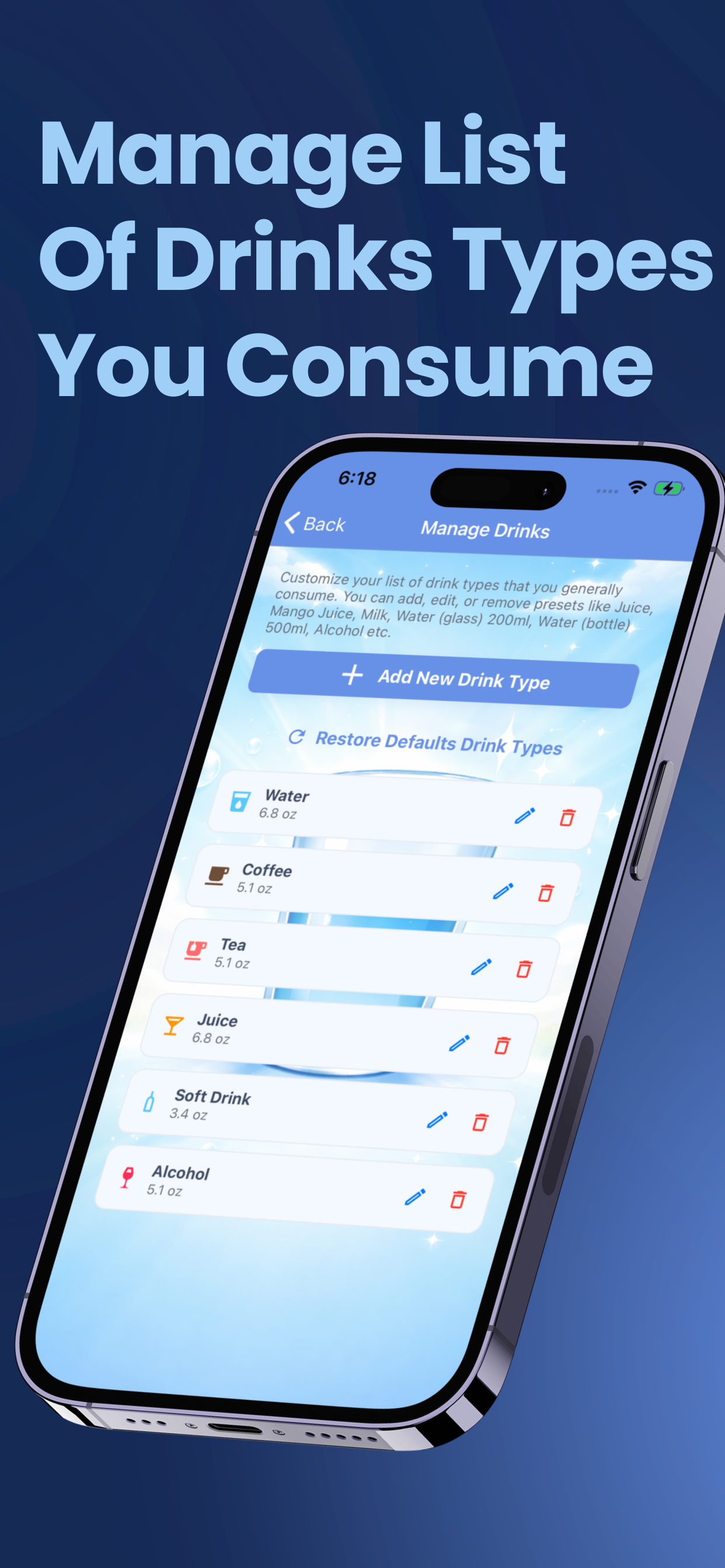 Manage drink types list in Water Tracker