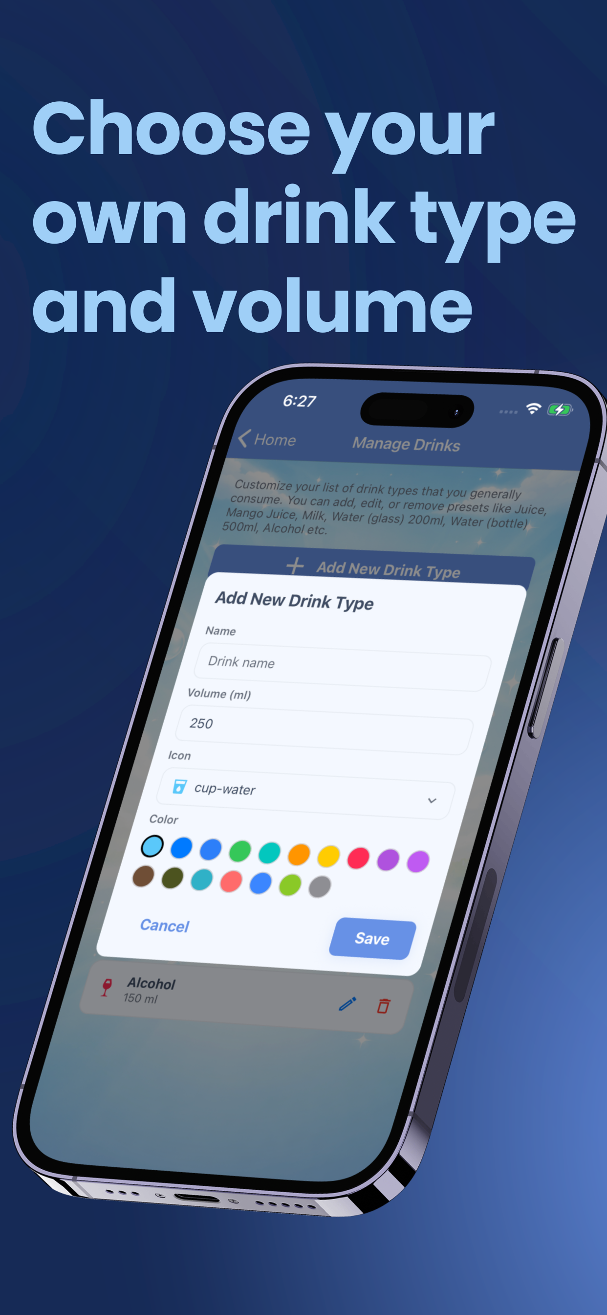 Create custom drink type and volume in WaterTracker